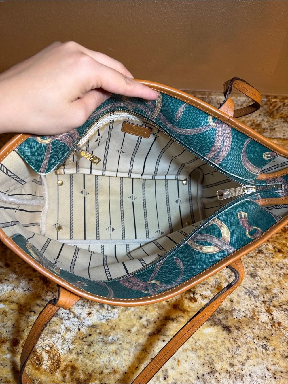 Ralph Lauren Green Printed Tote Bag with Tan Trim